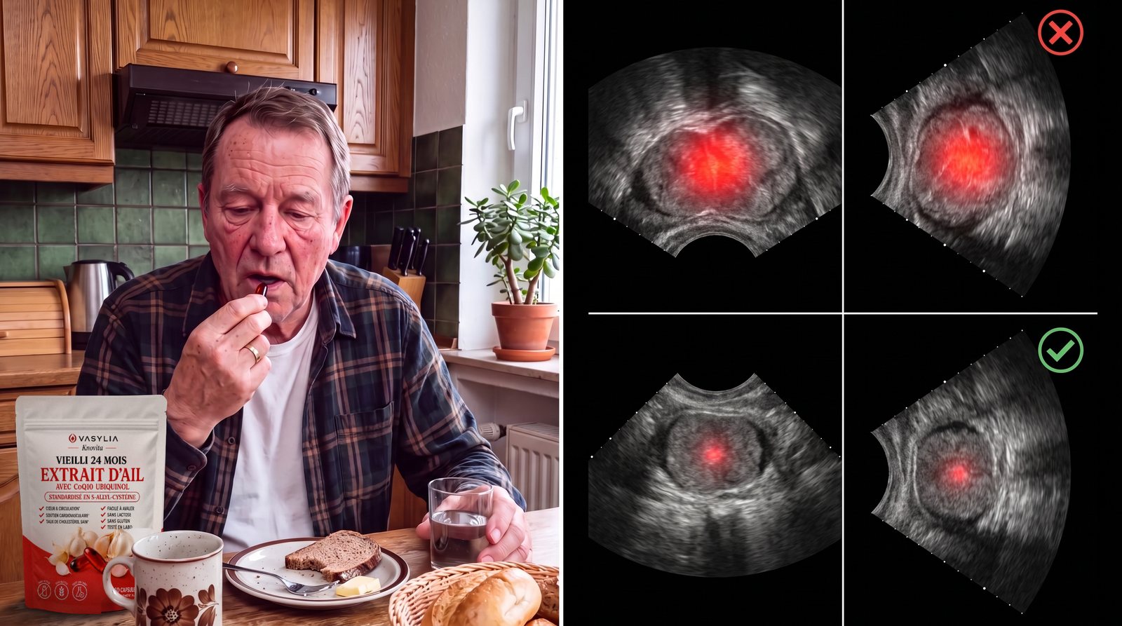 Homme prenant une capsule Vasylia, à côté des échographies de la prostate avant et après