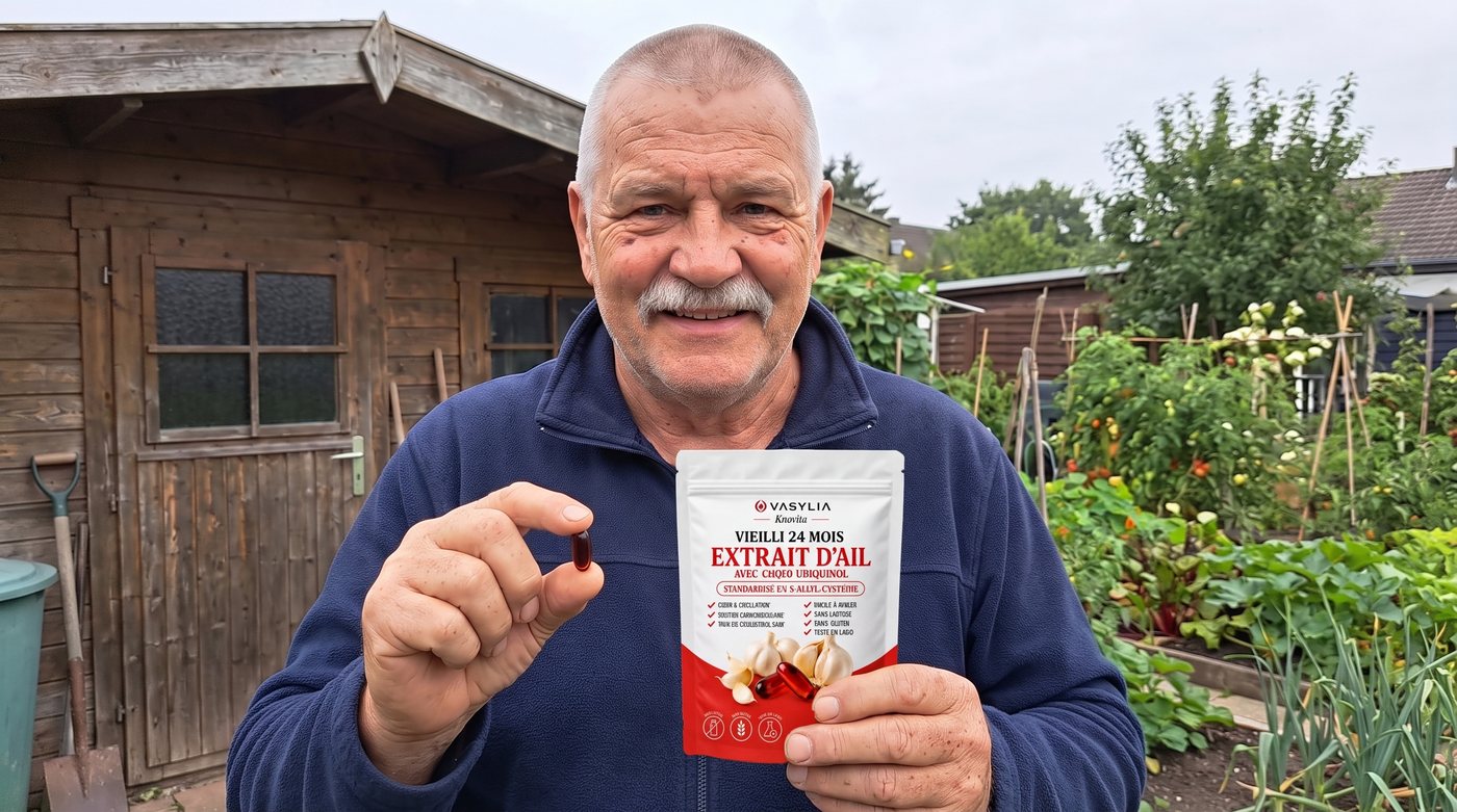 Homme dans son jardin tenant un sachet de Vasylia et une capsule molle