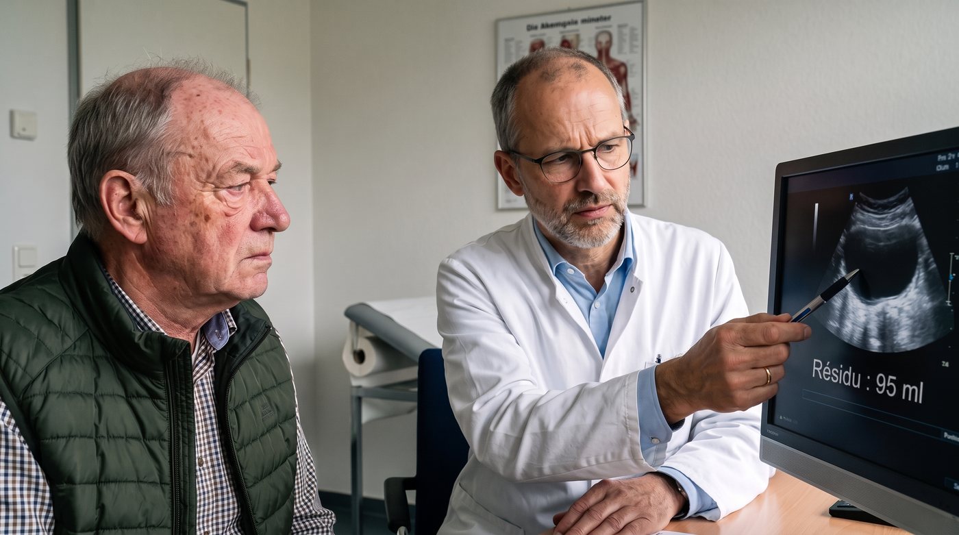 Le Dr Matthias Kröger montre à un patient une urine résiduelle de 95 ml à l'échographie